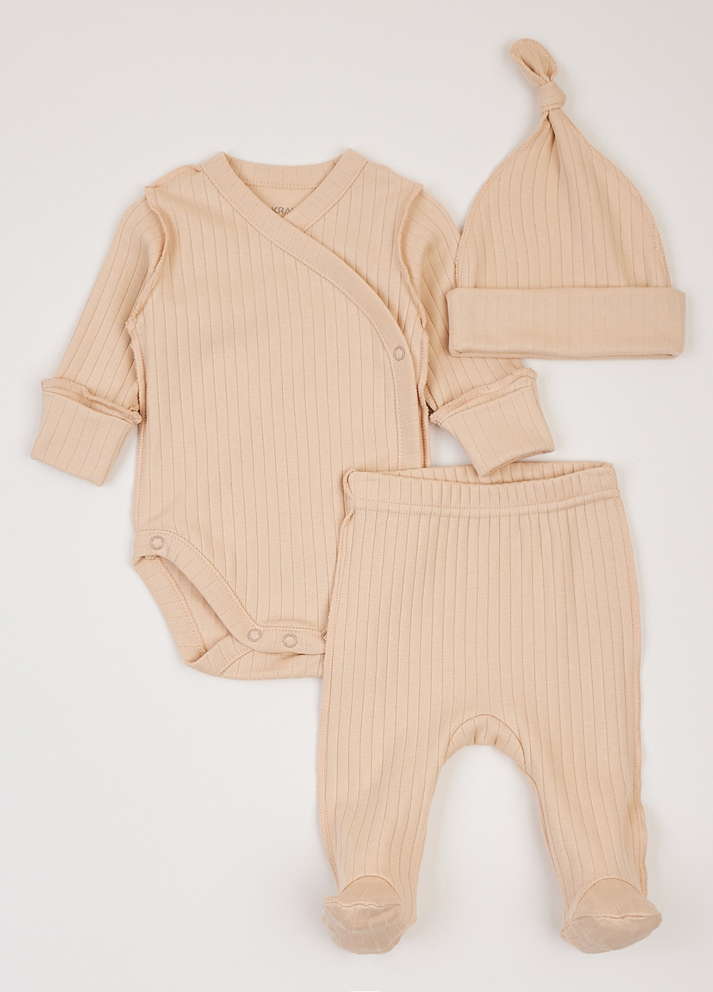 Бежевий демісезонний комплект (боді, повзунки, шапка) KRAKO