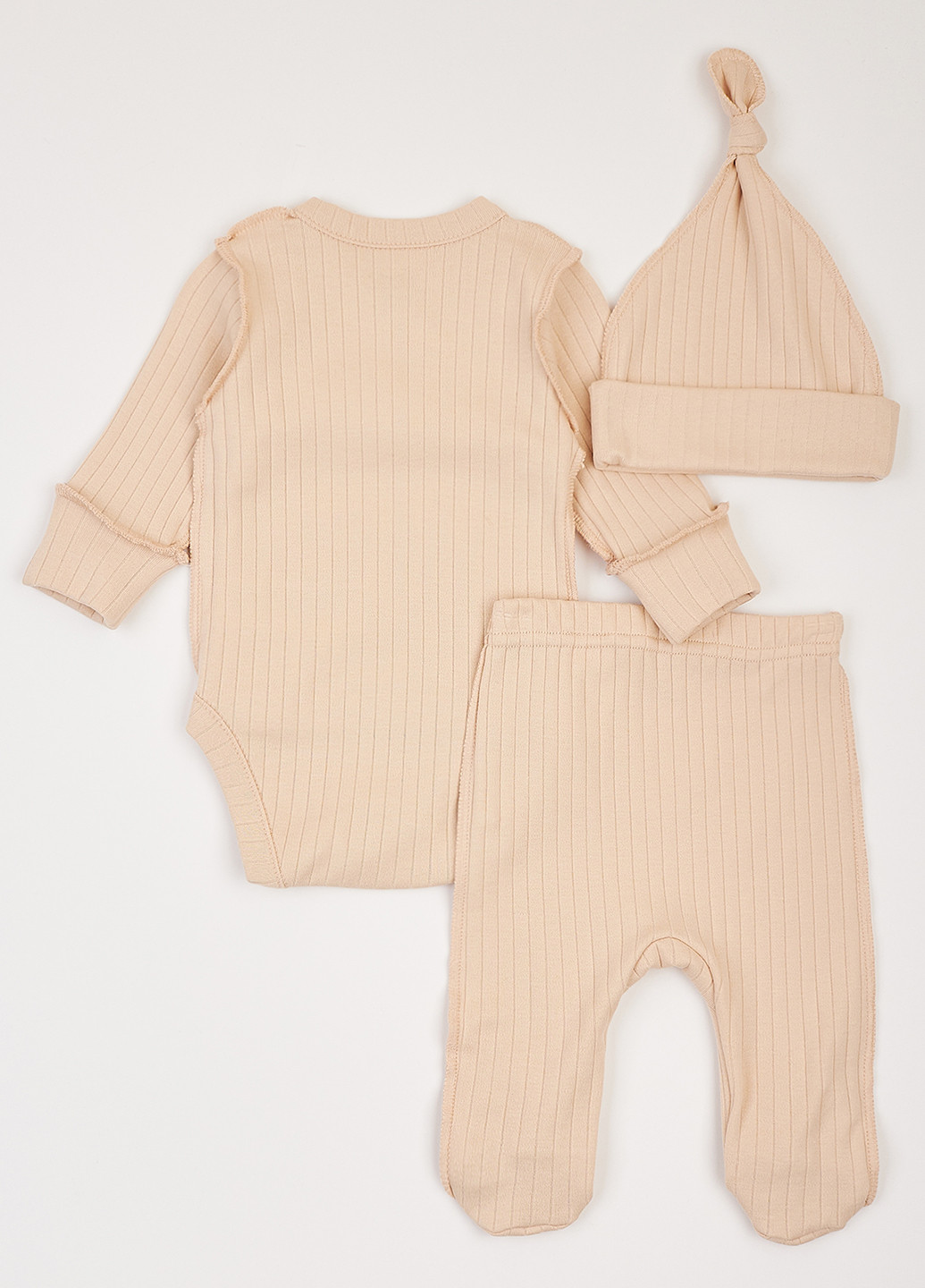 Бежевий демісезонний комплект (боді, повзунки, шапка) KRAKO