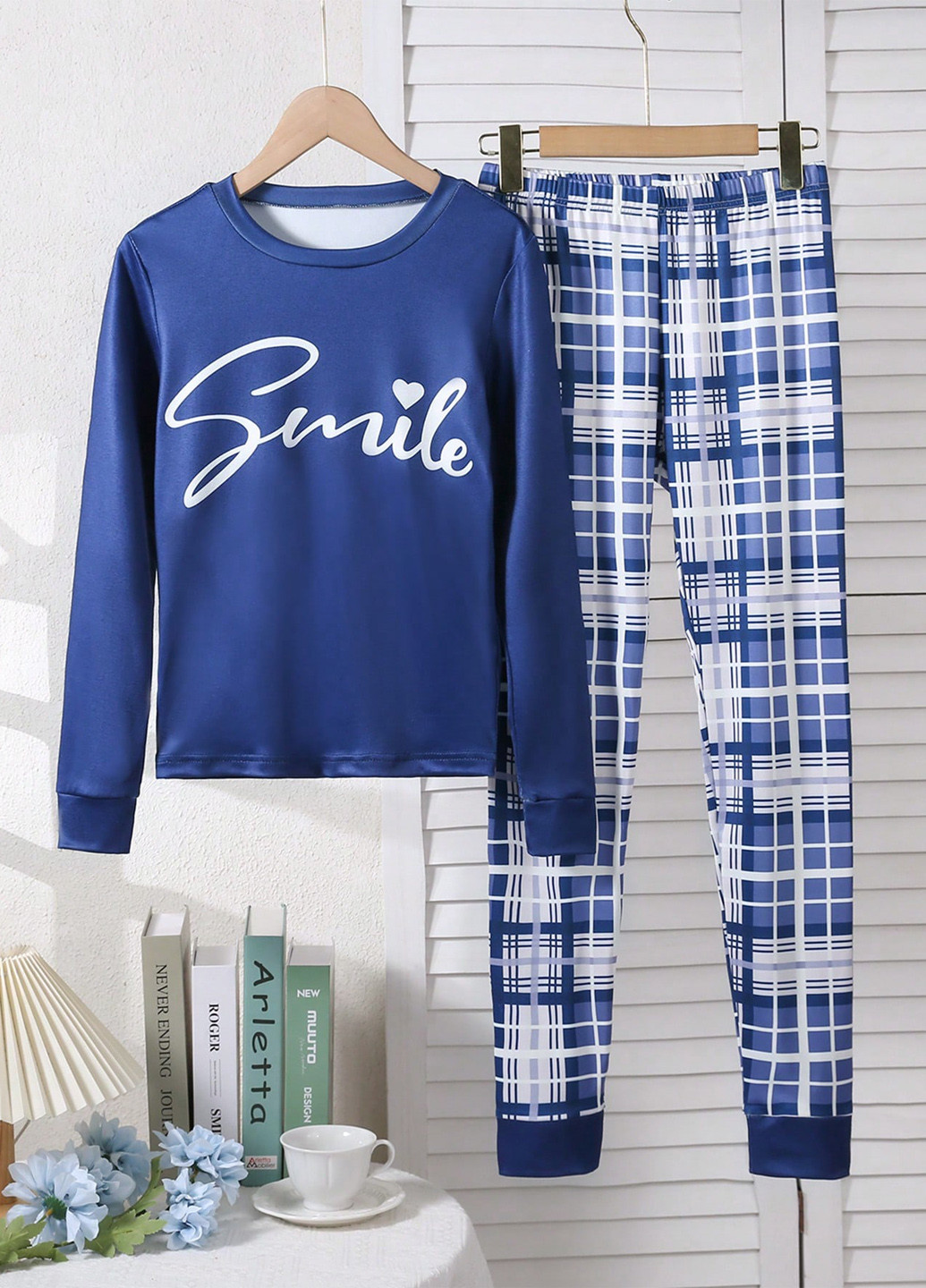 Синяя всесезон пижама (лонгслив, брюки) лонгслив + брюки SHEIN