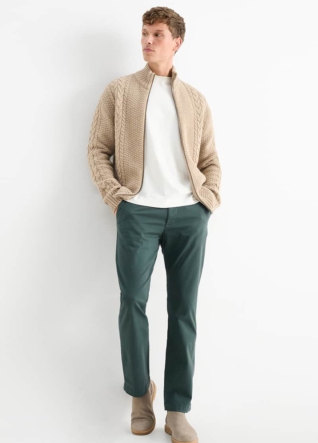Темно-зеленые кэжуал демисезонные чиносы, прямые брюки C&A