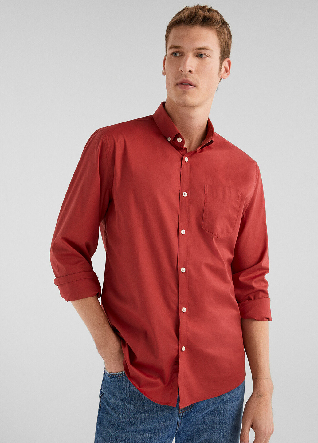 Красная кэжуал рубашка однотонная Springfield с длинным рукавом