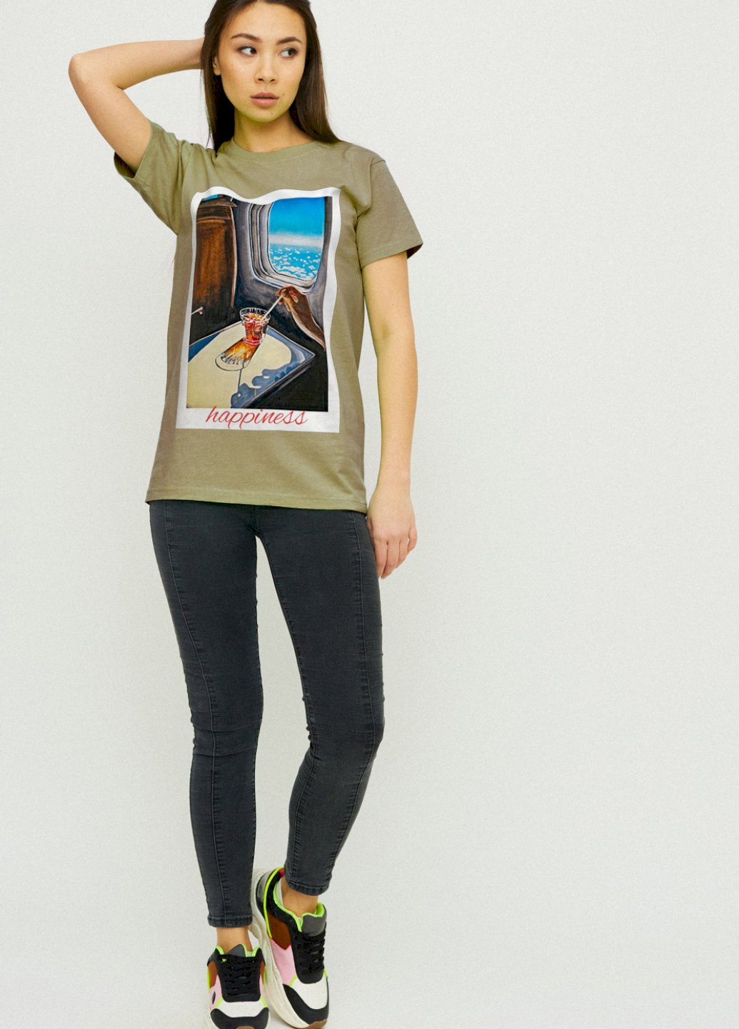 Хаки (оливковая) демисезон футболка boyfriend / air print / YAPPI