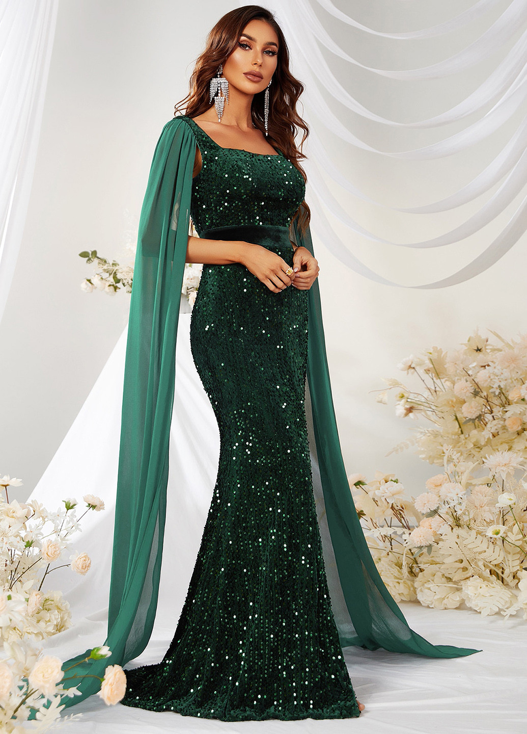 Изумрудное вечернее платье со шлейфом, годе SHEIN однотонное