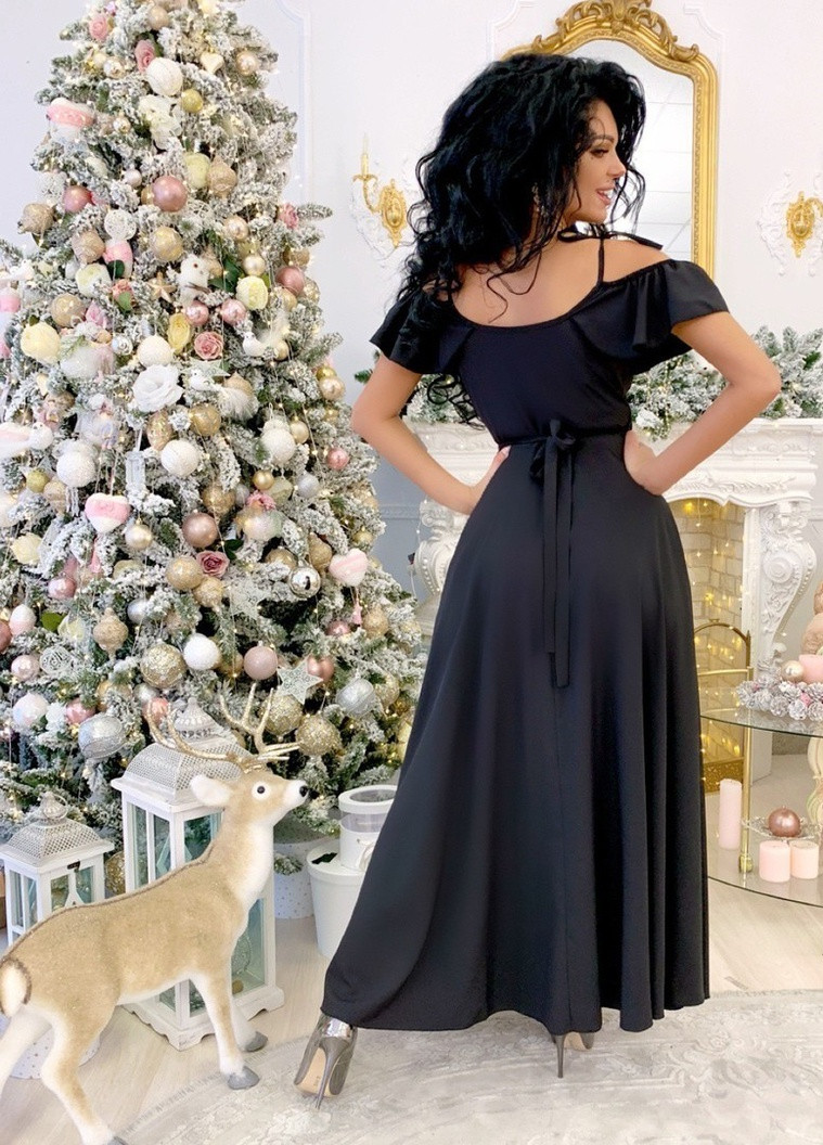 Чорна вечірня сукня з відкритою спиною, з спідницею-сонце, а-силует Veles однотонна