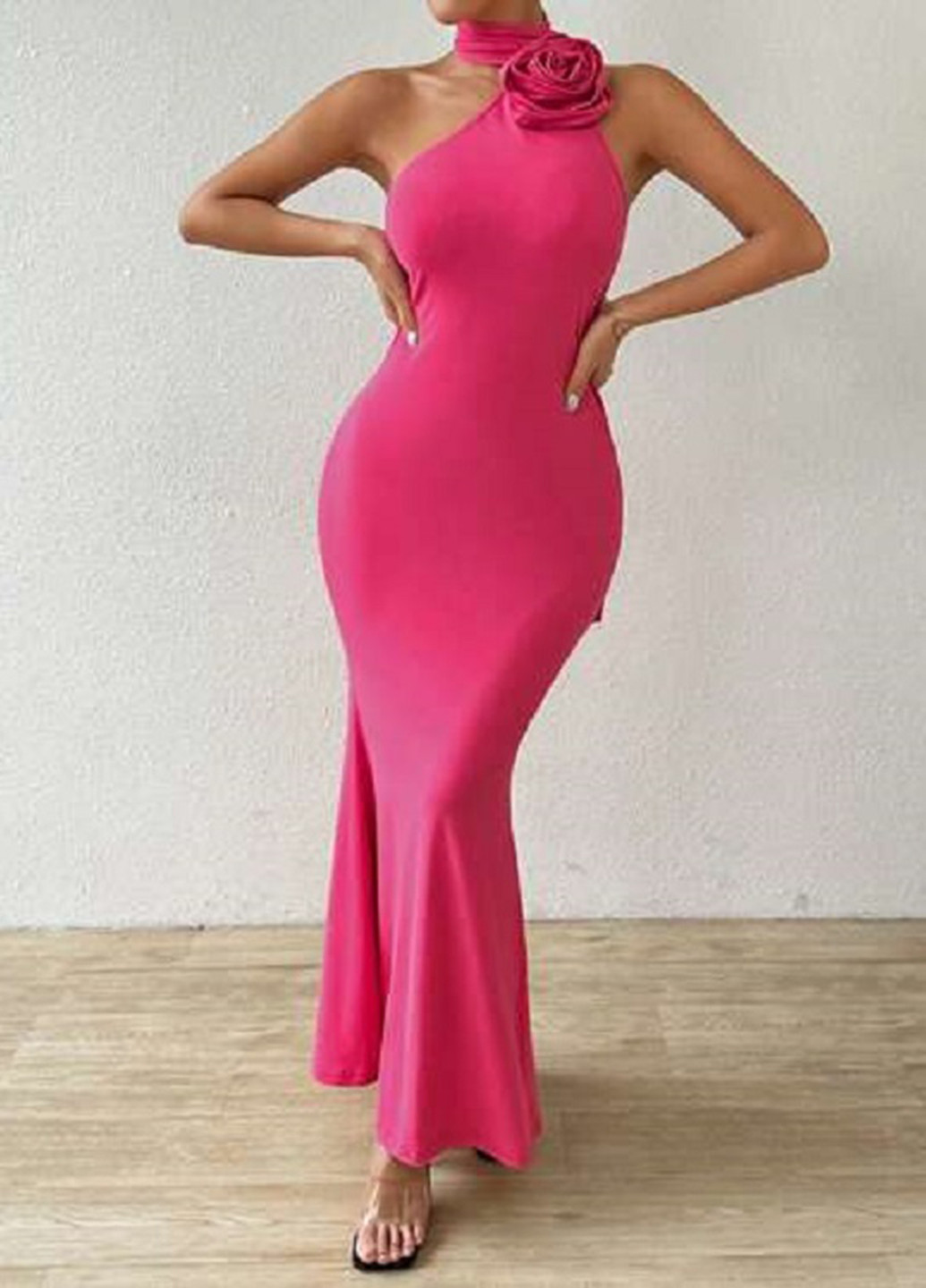 Фуксиновое (цвета Фуксия) вечернее, кэжуал платье годе, силуэтная SHEIN однотонное