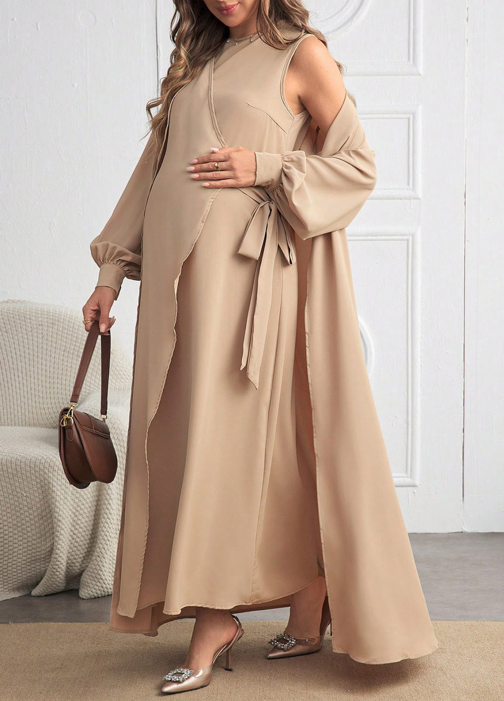 Бежевый демисезонный комплект для беременных (платье, кардиган) SHEIN