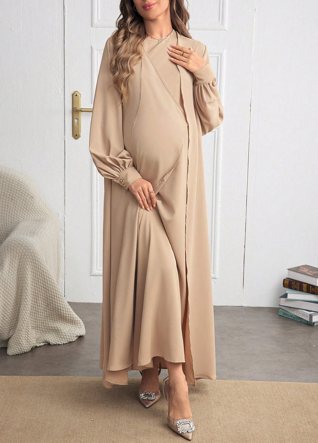 Бежевый демисезонный комплект для беременных (платье, кардиган) SHEIN
