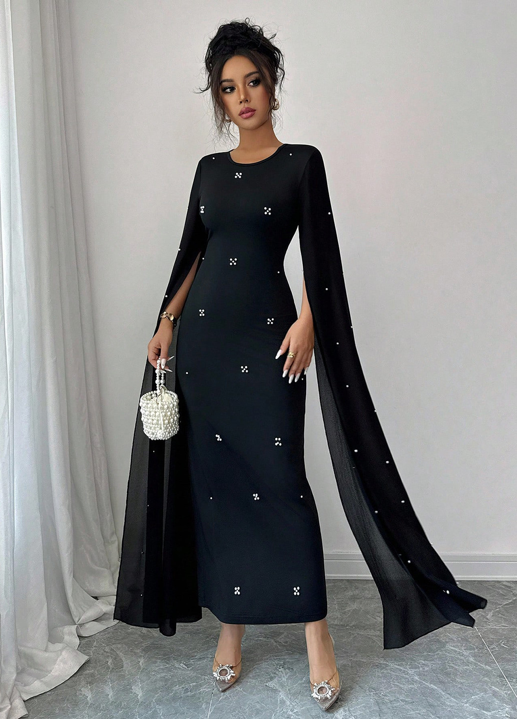 Чорна святковий сукня сукня-кейп, футляр SHEIN однотонна