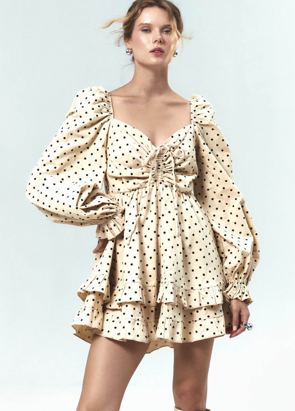 Бежевое кэжуал платье клеш Gepur в горошек