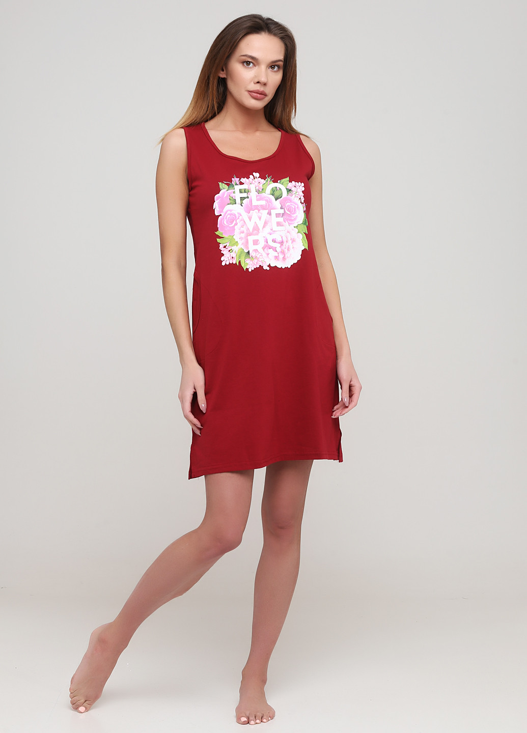Бордовое домашнее платье Трикомир с цветочным принтом