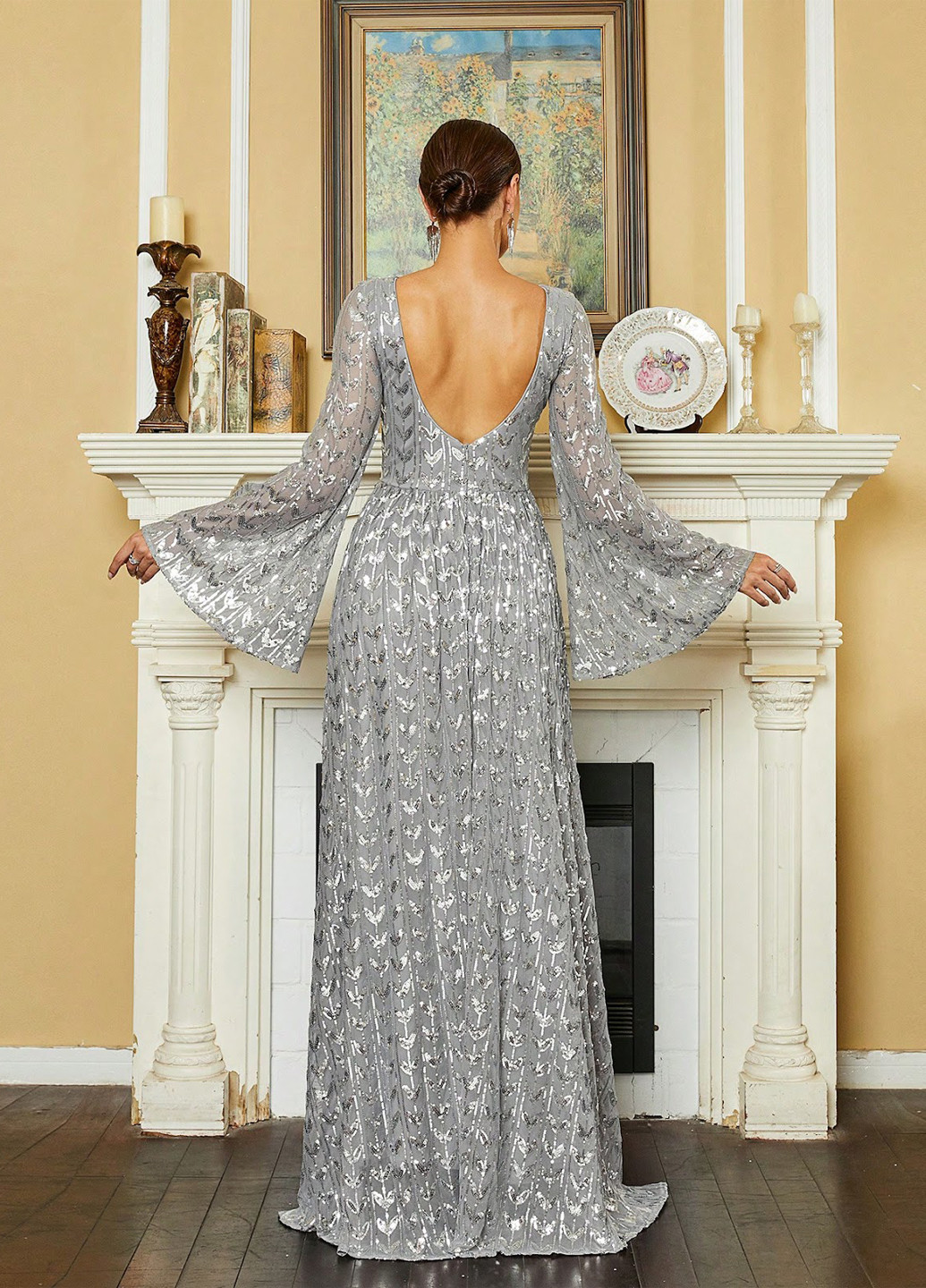 Сіра святковий, вечірня сукня з відкритою спиною SHEIN однотонна