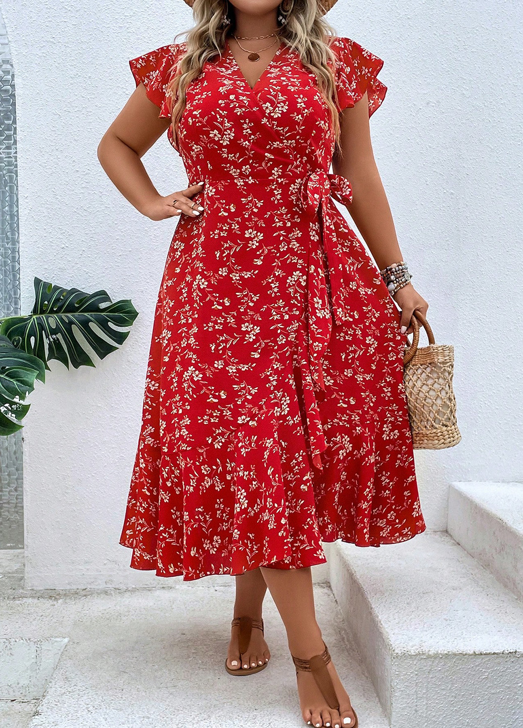 Червона кежуал сукня на запах SHEIN з квітковим принтом