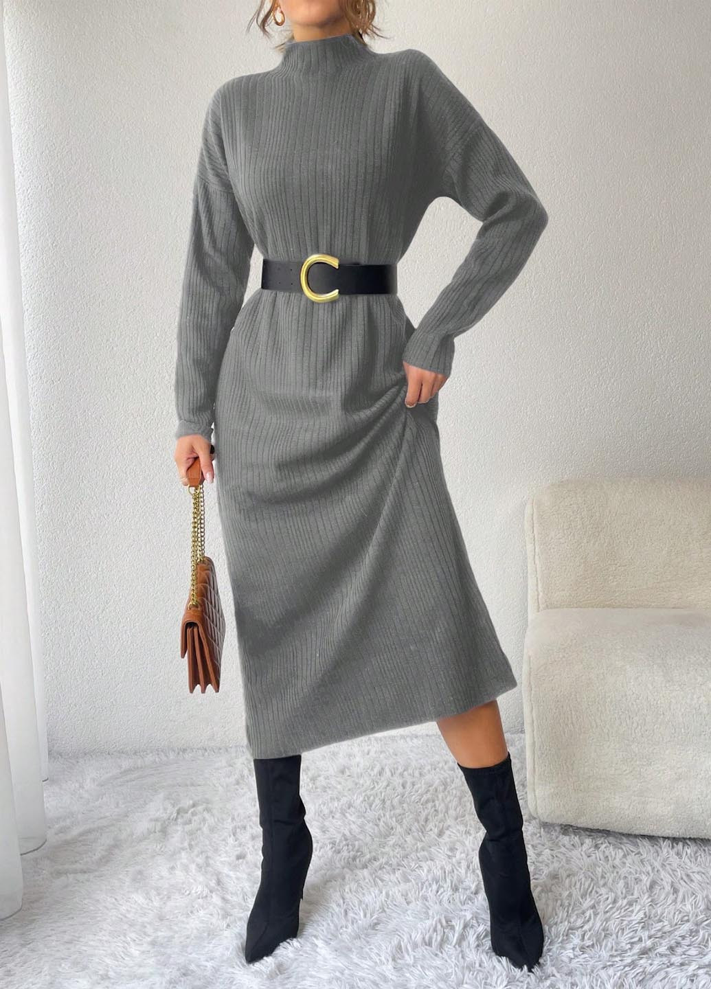 Серое кэжуал платье платье-свитер, а-силуэт SHEIN однотонное