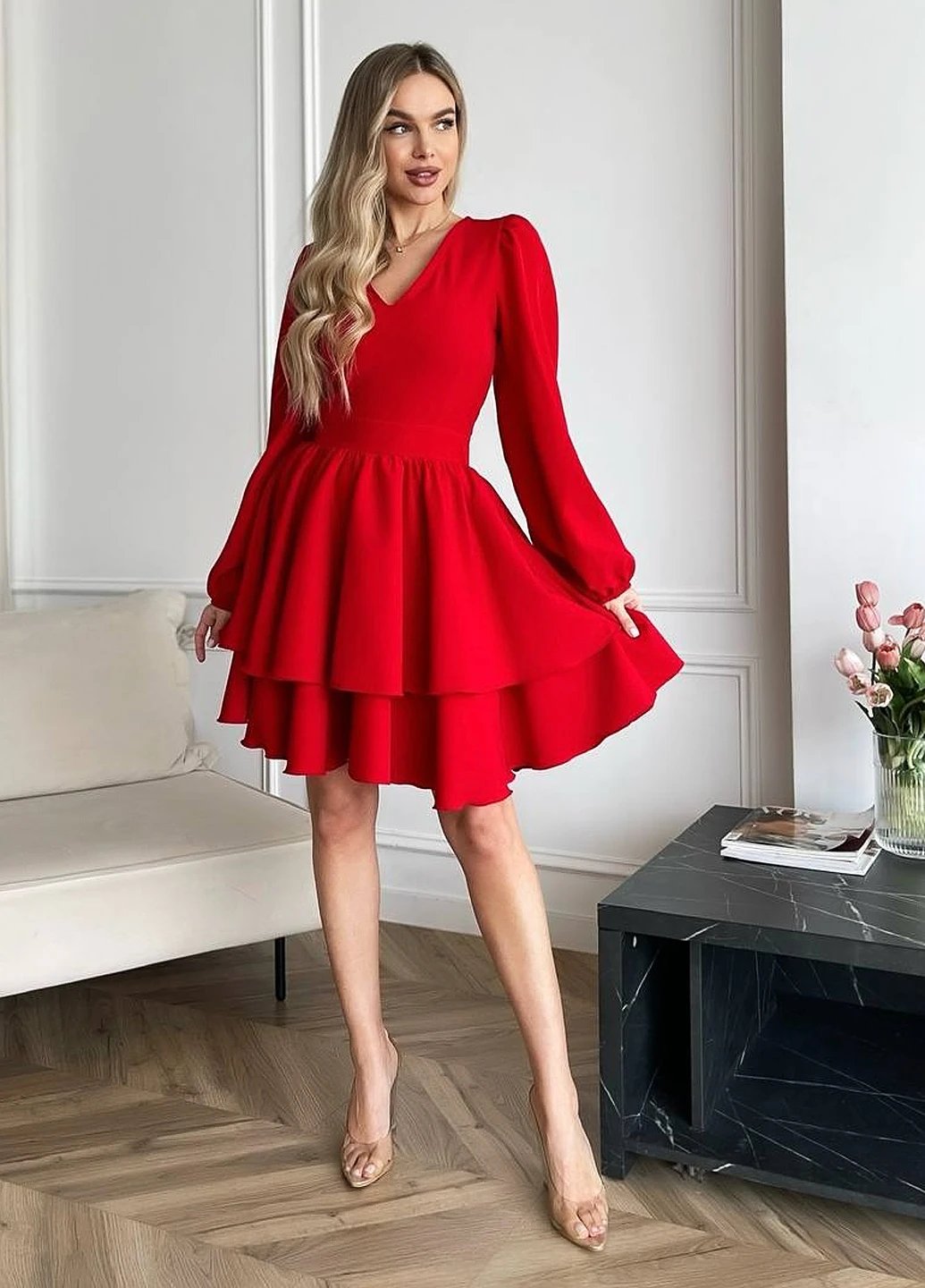 Красное кэжуал платье клеш No Brand однотонное