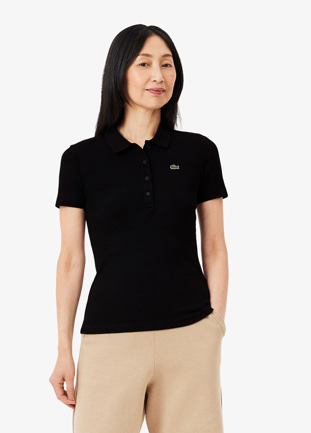 Черная женская футболка-поло Lacoste однотонная