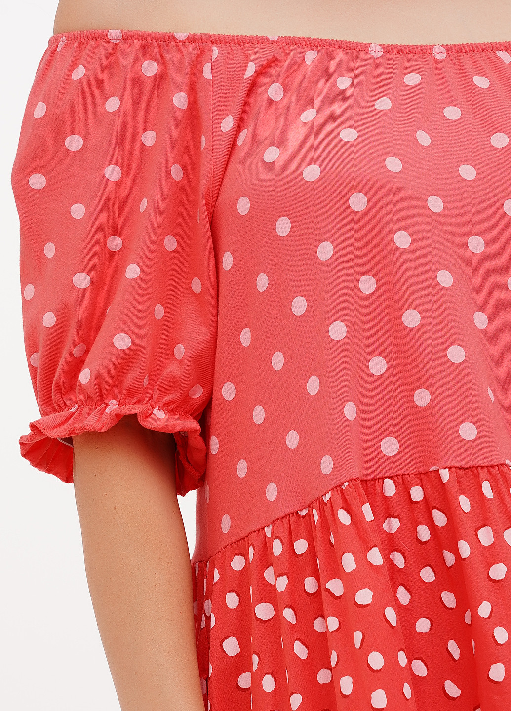 Коралова кежуал сукня з відкритими плечима, оверсайз L&N в горошок