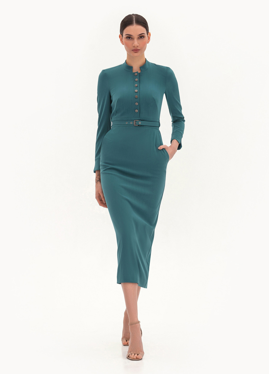 Бирюзовое деловое платье футляр BGL однотонное