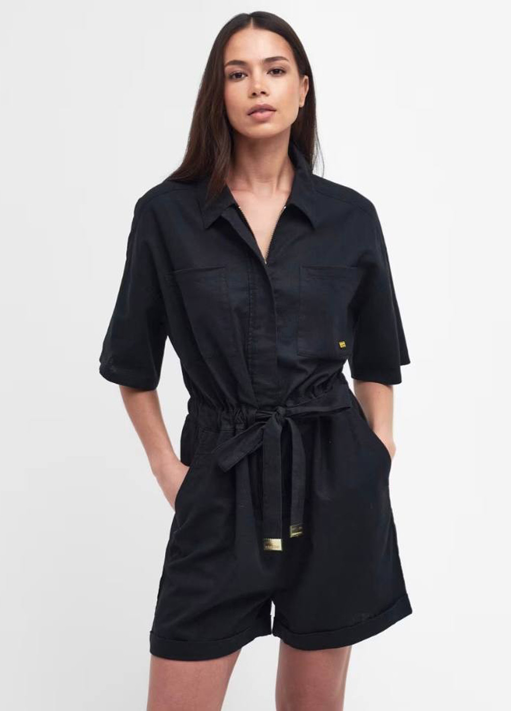 Комбинезон Barbour комбинезон-шорты однотонный чёрный кэжуал лен, хлопок