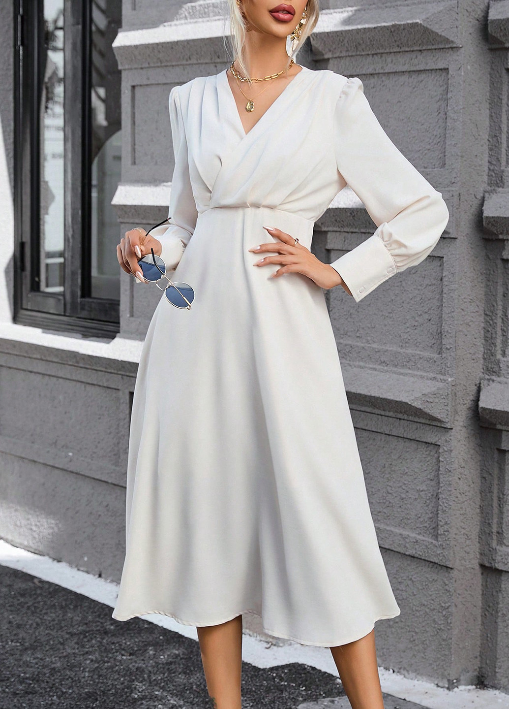 Кремова святковий, ділова сукня на запах, а-силует SHEIN однотонна