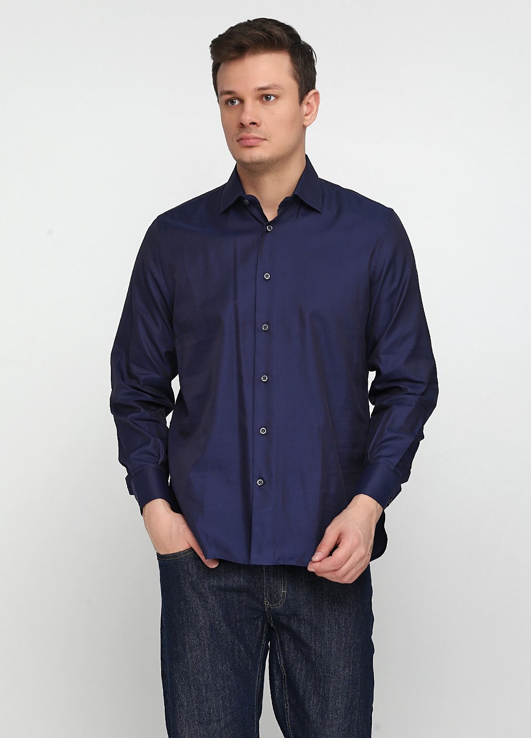 Темно-синяя кэжуал рубашка однотонная Luca D'altieri с длинным рукавом