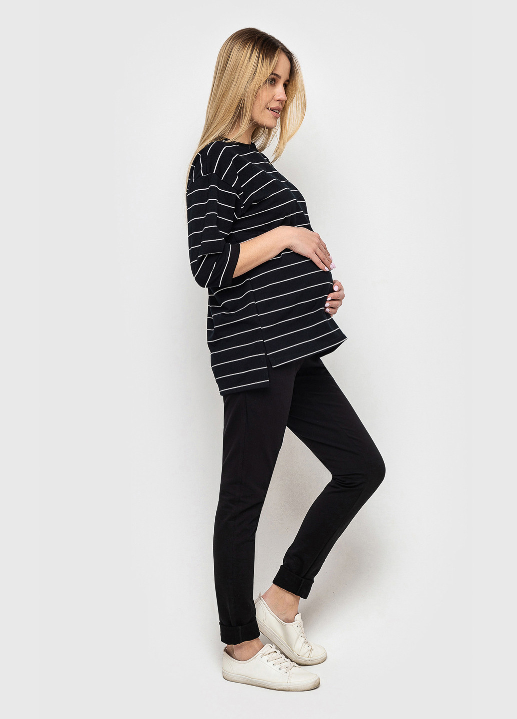 Свитшот для беременных рукав 3/4 чёрный в белую полоску Koko boutique - Свободный крой полоска черный кэжуал трикотаж - (251788525)