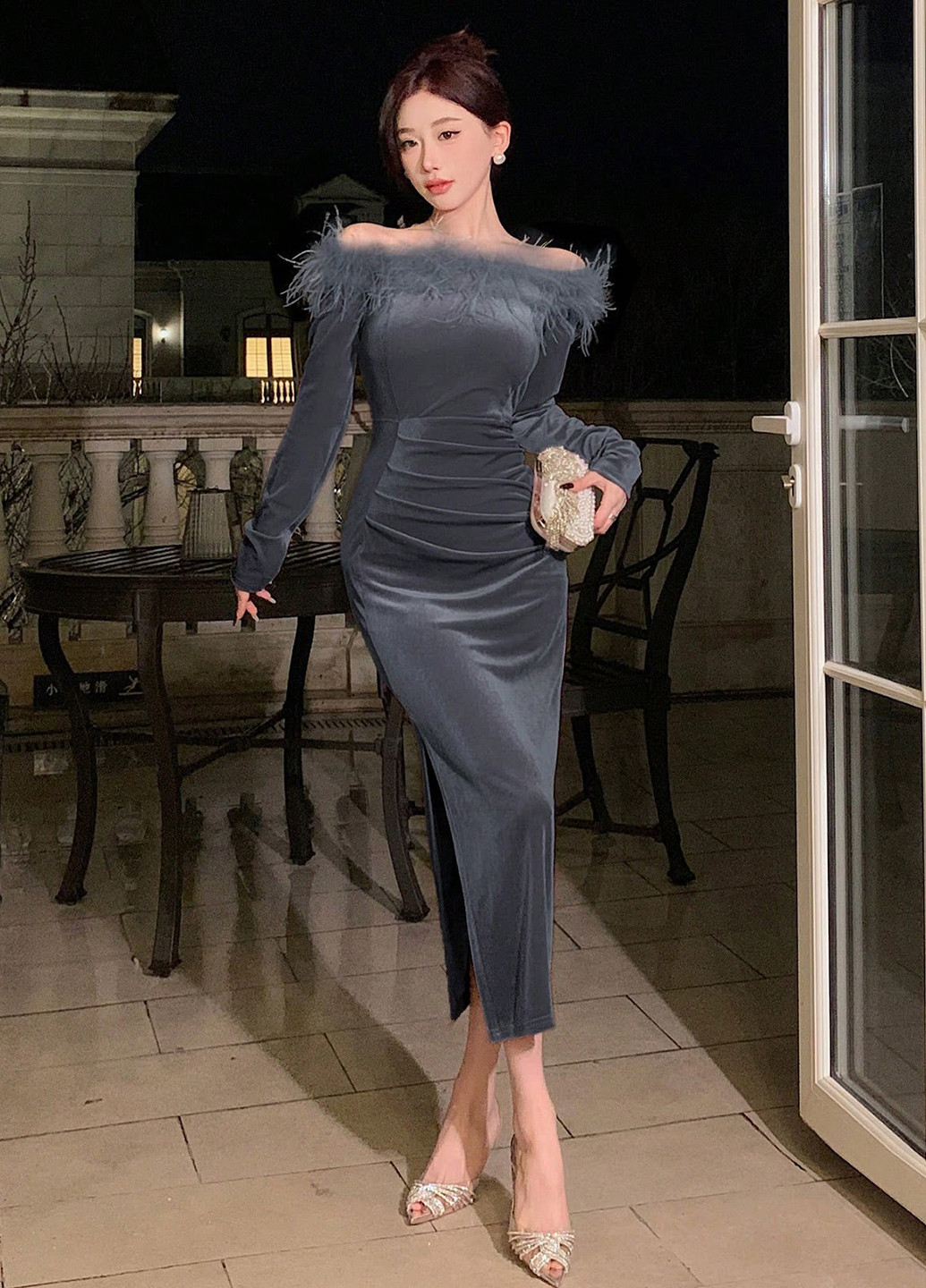 Серое вечернее платье силуэтная, с открытыми плечами SHEIN однотонное