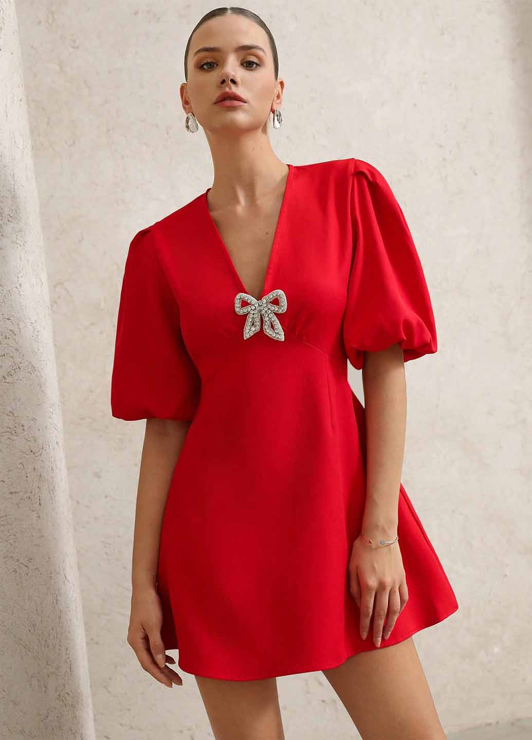 Червона вечірня, кежуал сукня SHEIN однотонна