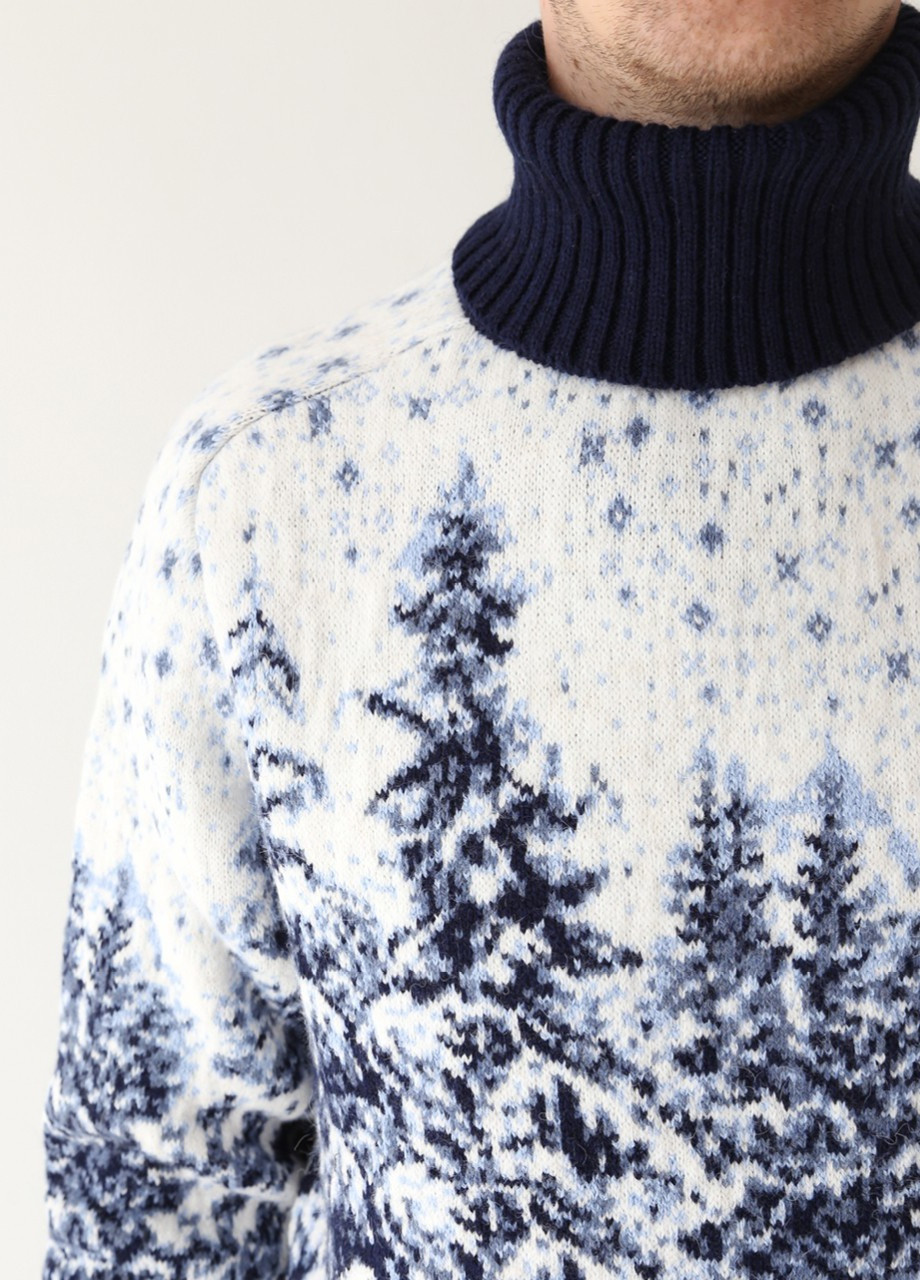 Синий зимний свитер мужской зимний с елками синим горлом Pulltonic Прямая