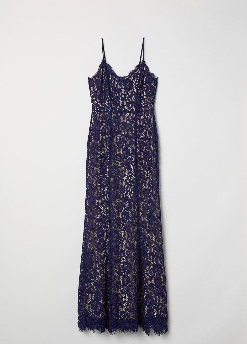 Темно-синее праздничный длинное кружевное платье H&M однотонное