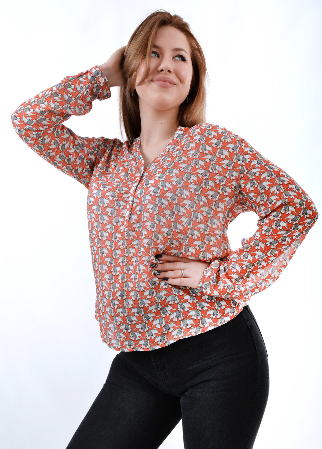 Коралловая блуза с принтом слоны Luxik