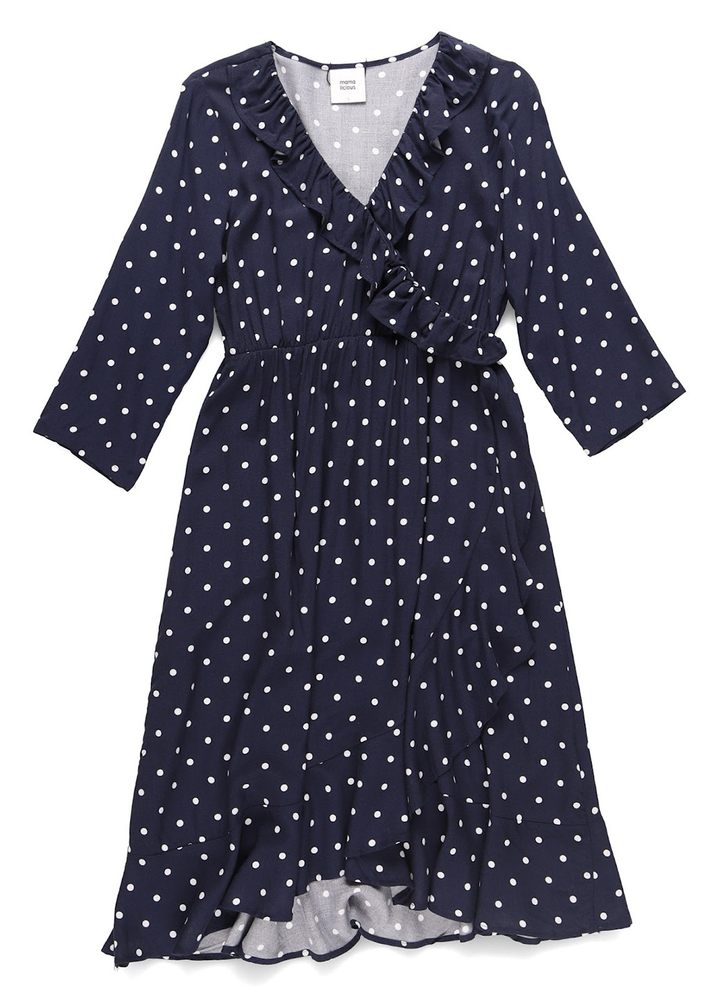 Темно-синее кэжуал платье клеш, на запах Mamalicious в горошек