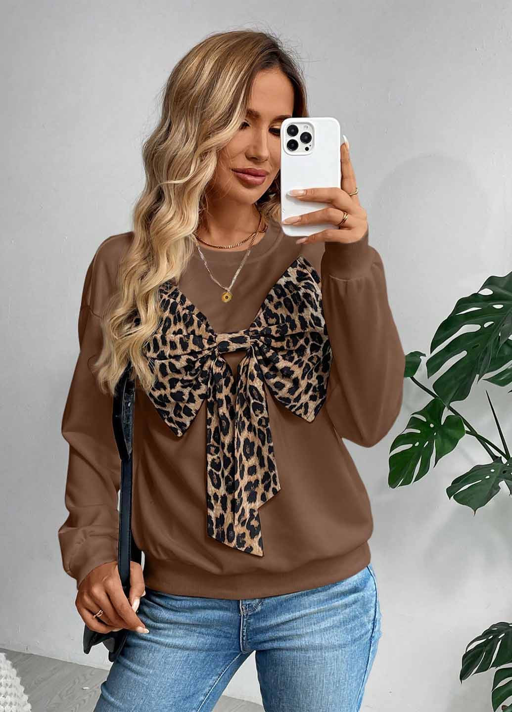 Коричневый свитшот SHEIN аппликация, бант (367210969)