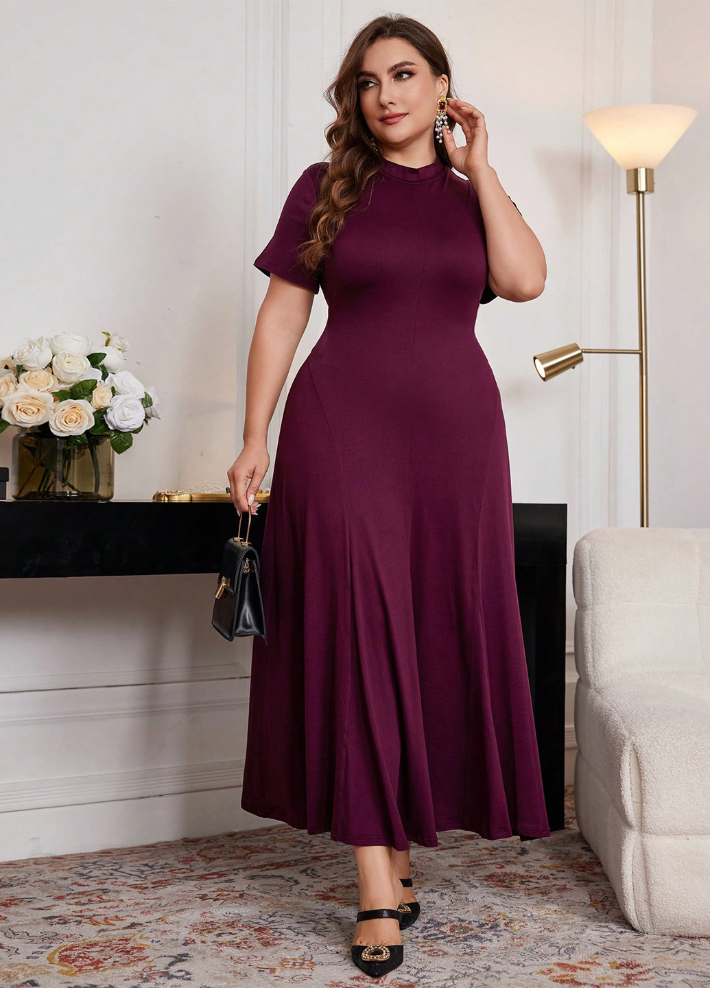 Вишневое праздничный, вечернее, кэжуал платье клеш SHEIN однотонное