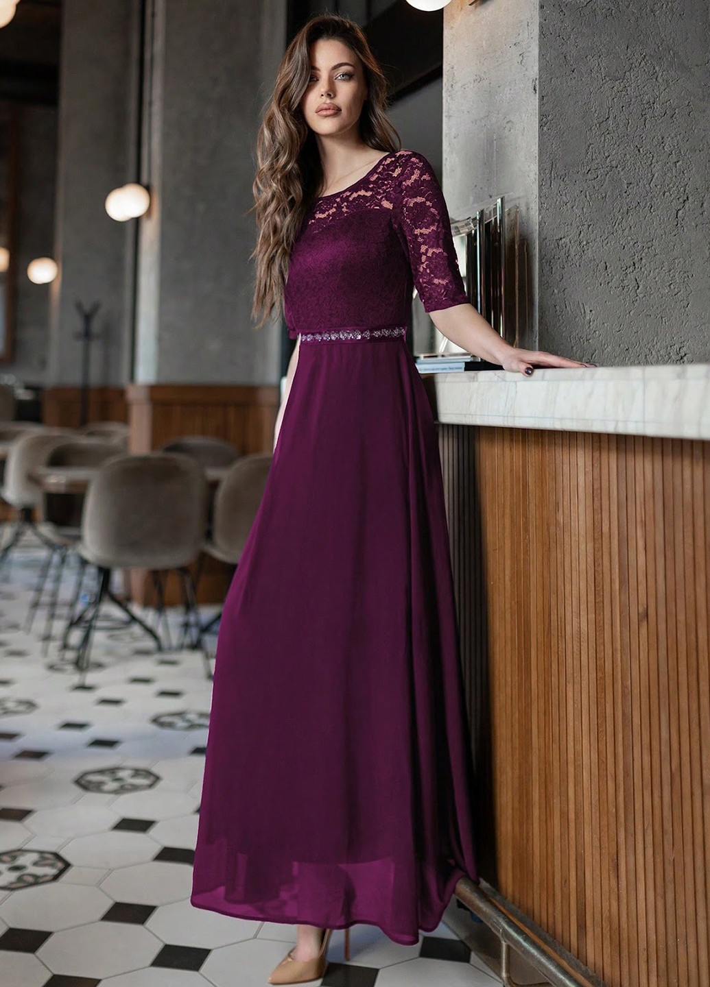 Бордовое вечернее платье SHEIN однотонное