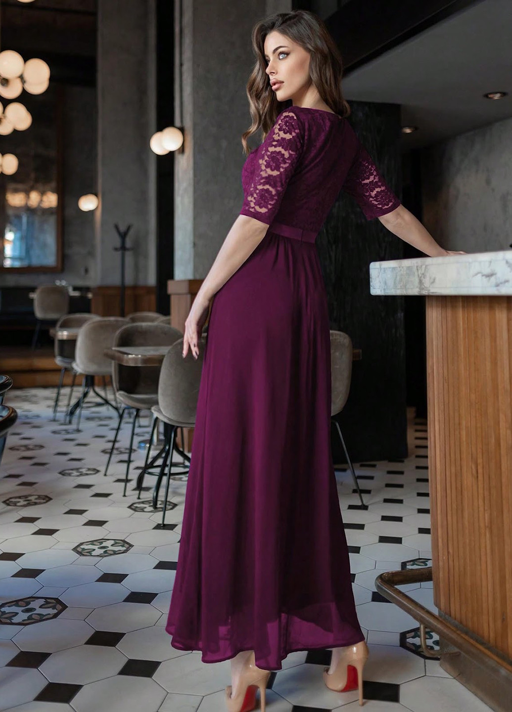Бордовое вечернее платье SHEIN однотонное