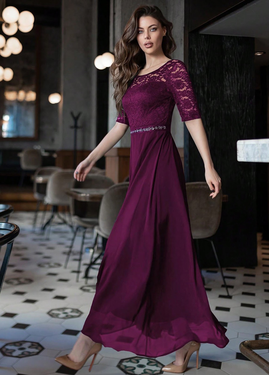 Бордовое вечернее платье SHEIN однотонное