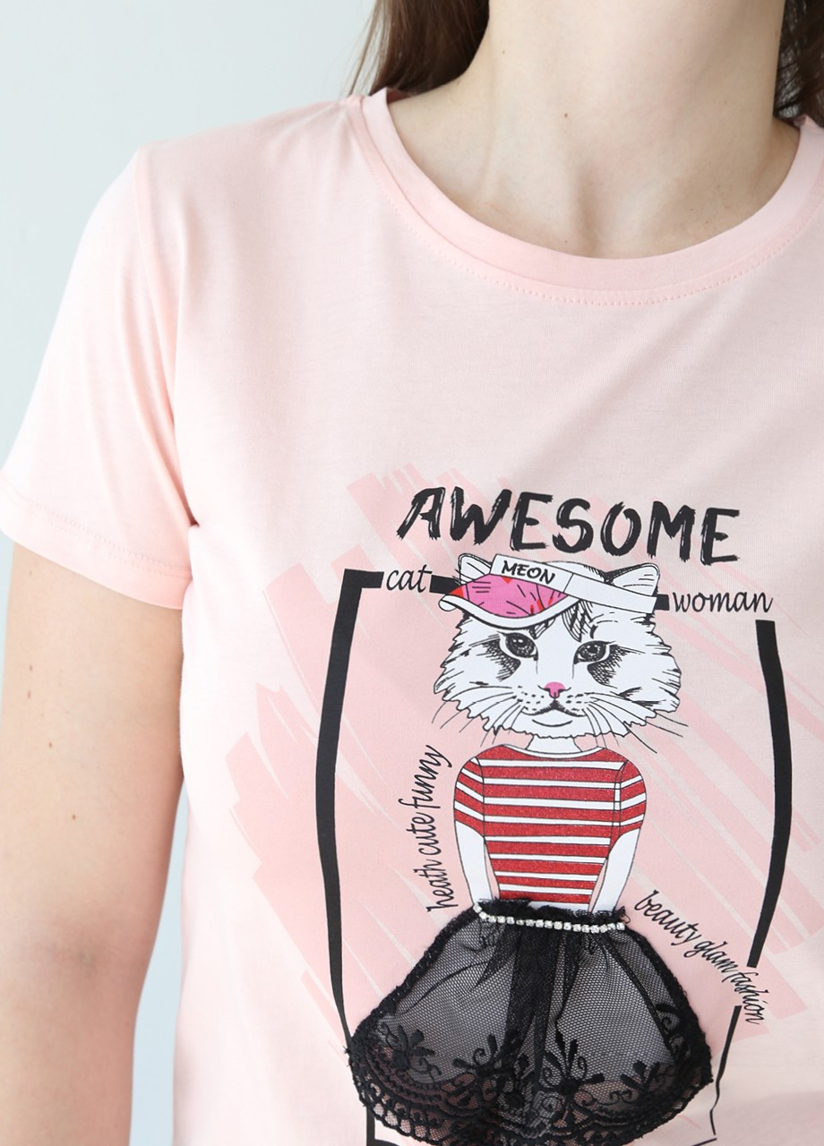 Світло-рожева всесезон футболка жіноча рожева з кішкою пряма з коротким рукавом X-trap Прямая