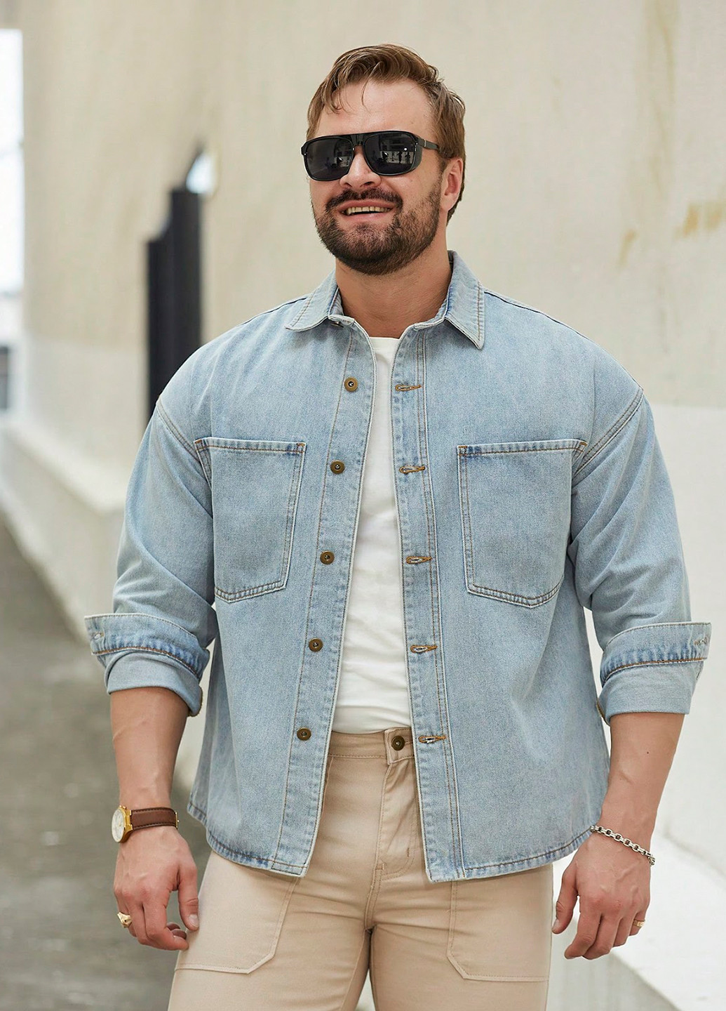 Светло-голубой джинсовая, кэжуал рубашка однотонная SHEIN