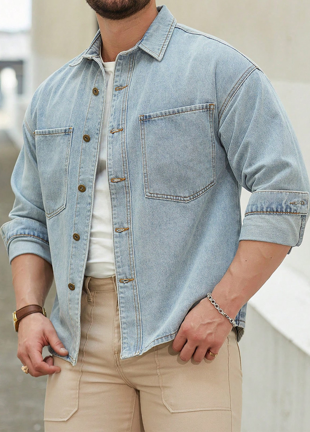 Светло-голубой джинсовая, кэжуал рубашка однотонная SHEIN