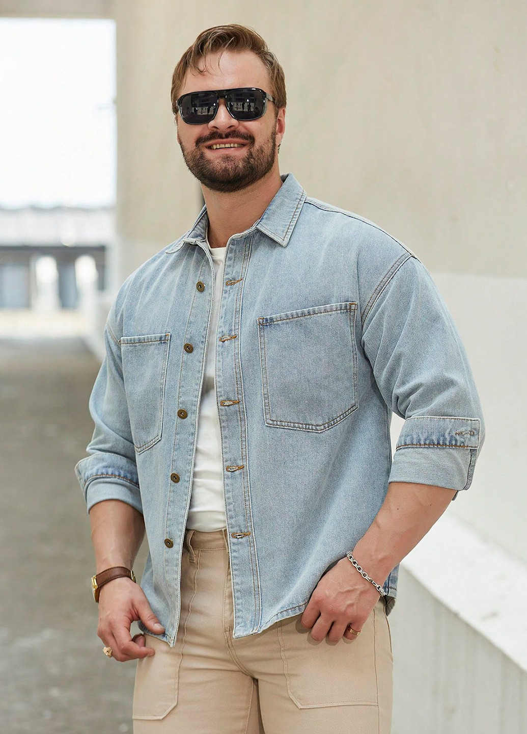 Светло-голубой джинсовая, кэжуал рубашка однотонная SHEIN