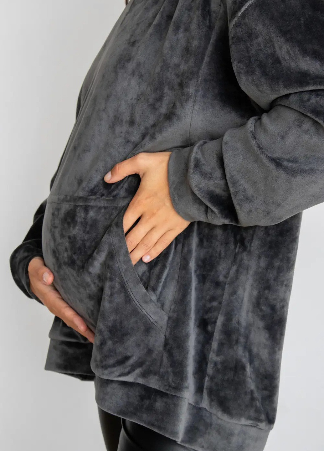 Гафитовый теплый худи для беременных и кормящих мам велюровый с капюшоном To Be (253914791)