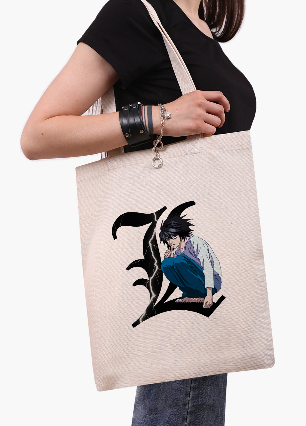 Еко сумка шоппер біла Ел Лоулайт Зошит смерті (L Death Note) (9227-2826-WT-1) Еко сумка шоппер біла 41*35 см MobiPrint (221682908)