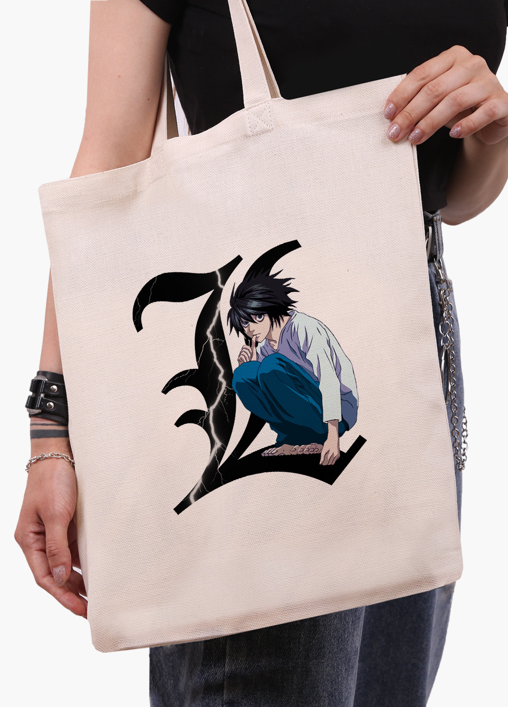 Еко сумка шоппер біла Ел Лоулайт Зошит смерті (L Death Note) (9227-2826-WT-1) Еко сумка шоппер біла 41*35 см MobiPrint (221682908)