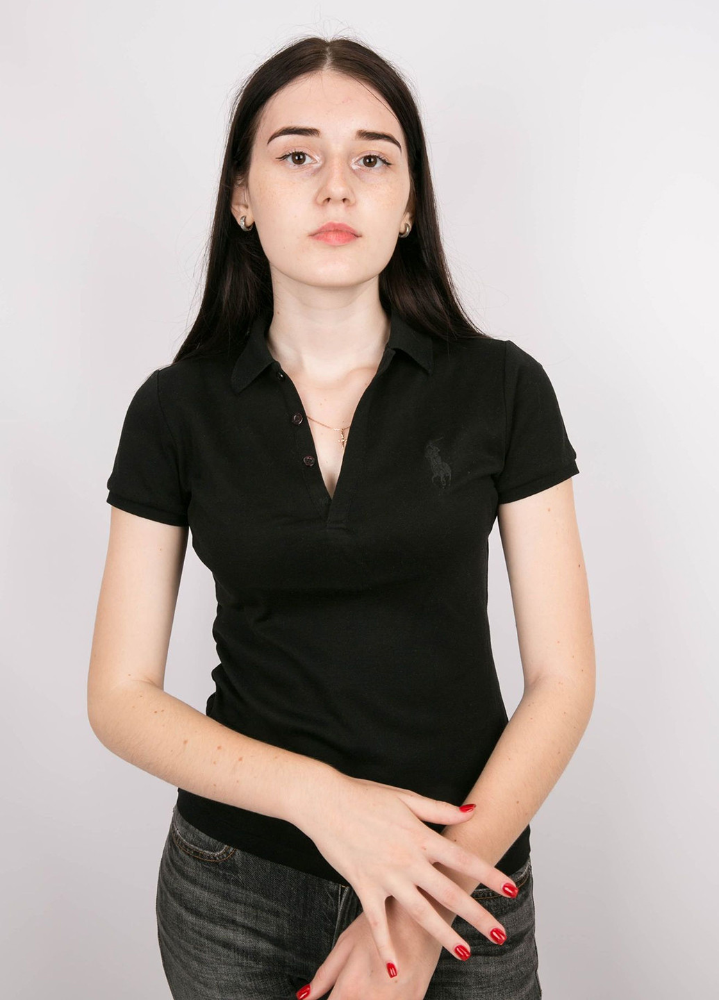 Черная женская футболка-поло Ralph Lauren однотонная