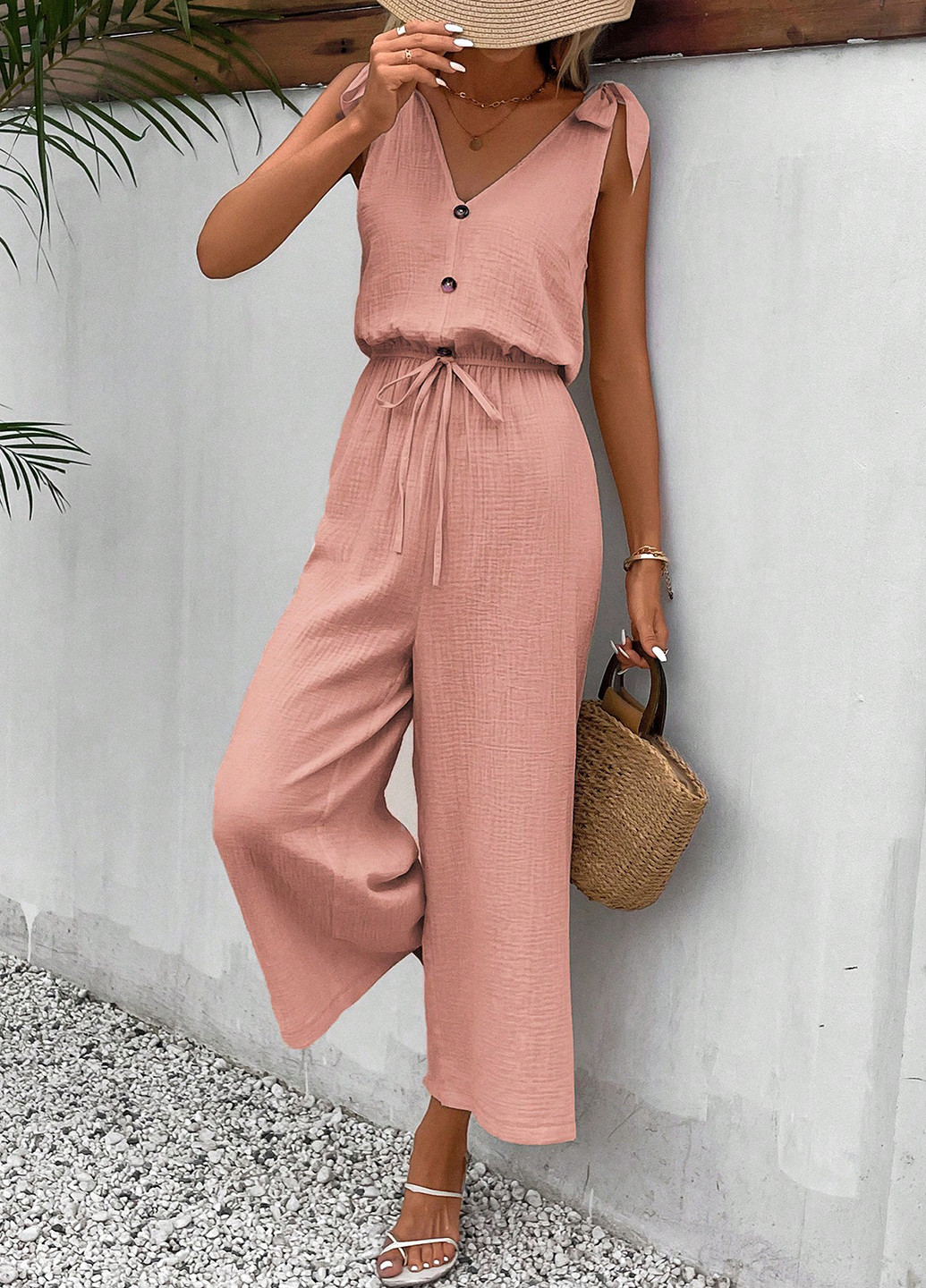 Комбинезон SHEIN комбинезон-брюки однотонный пудровый кэжуал хлопок