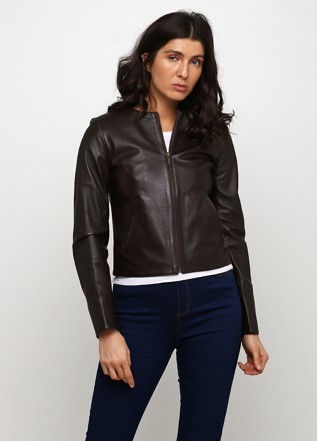 Темно-коричнева демісезонна куртка шкіряна Leather Factory