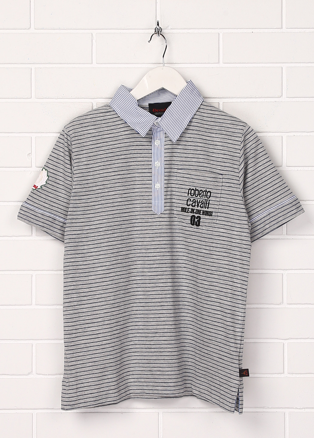 Серая детская футболка-поло для мальчика Roberto Cavalli в полоску