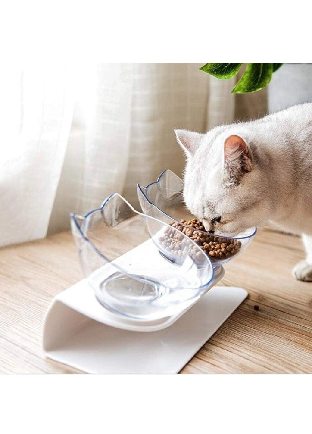Двойная пластиковая миска на подставке для корма воды для домашних животных кошек собак (473619-Prob) Белая с прозрачным Unbranded (255621712)