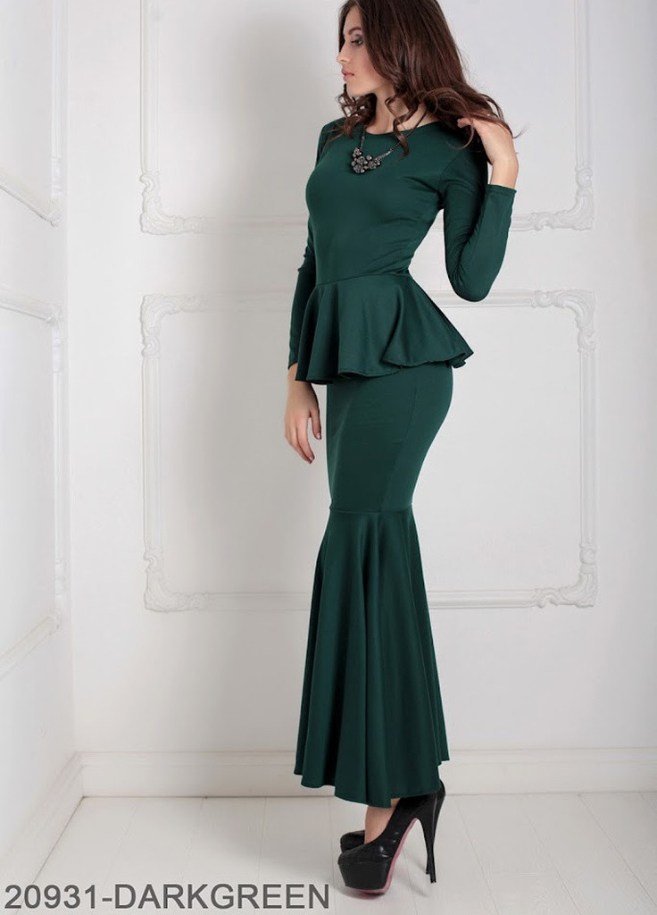 Зеленое кэжуал элегантное вечернее платье-рыбка с длинным рукавом и баской на талии laura Podium однотонное