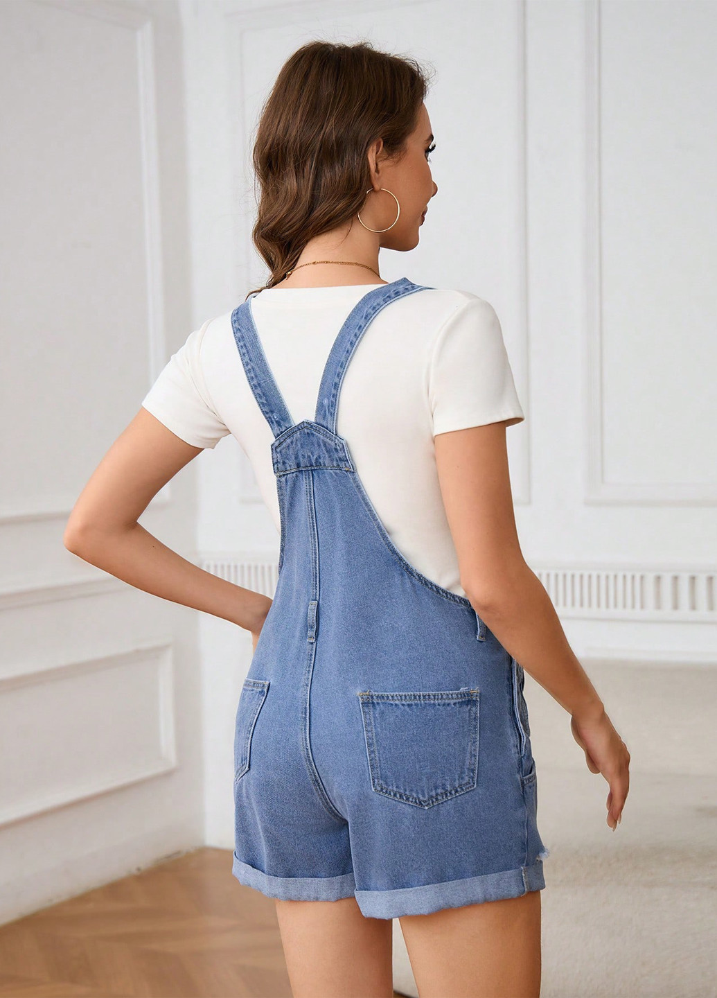 Комбинезон SHEIN комбинезон-шорты однотонный голубой денил, кэжуал хлопок